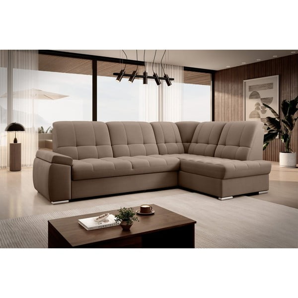 Hnědá sametová rozkládací/s úložným prostorem rohová pohovka (pravý roh/do L) Sado – ELTAP-image-4