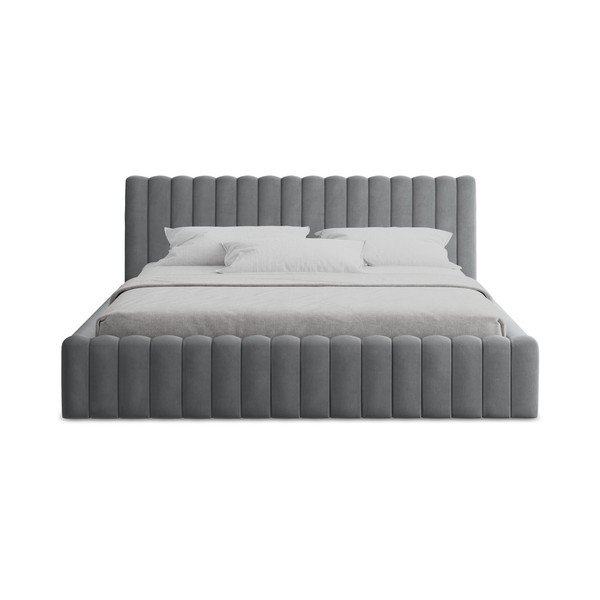 Šedá čalouněná dvoulůžková postel s úložným prostorem s roštem 180x200 cm Lemi – Makamii-image-4