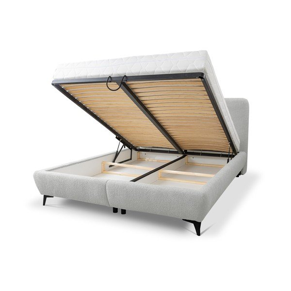 Světle šedá čalouněná dvoulůžková postel s úložným prostorem s roštem 160x200 cm Makapu – Makamii-image-1