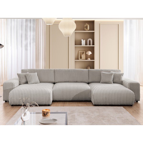 Světle šedá manšestrová rozkládací/s úložným prostorem rohová pohovka (do "U") Sarina – Ropez-image-1