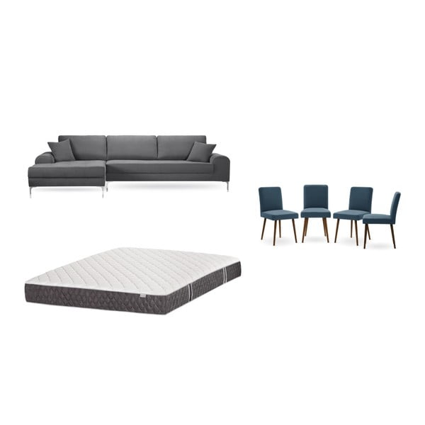 Set šedé pohovky s lenoškou vlevo, 4 modrých židlí a matrace 160 x 200 cm Home Essentials