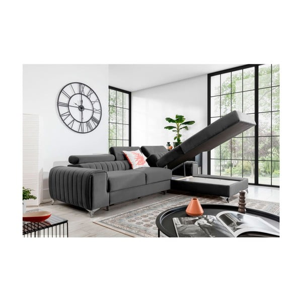 Tmavě šedá sametová rozkládací/s úložným prostorem rohová pohovka (pravý roh/s lenoškou) Grayson – ELTAP-image-3