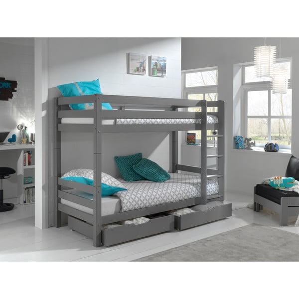 Šedá patrová dětská postel z borovicového dřeva s úložným prostorem 90x200 cm PINO – Vipack-image-1