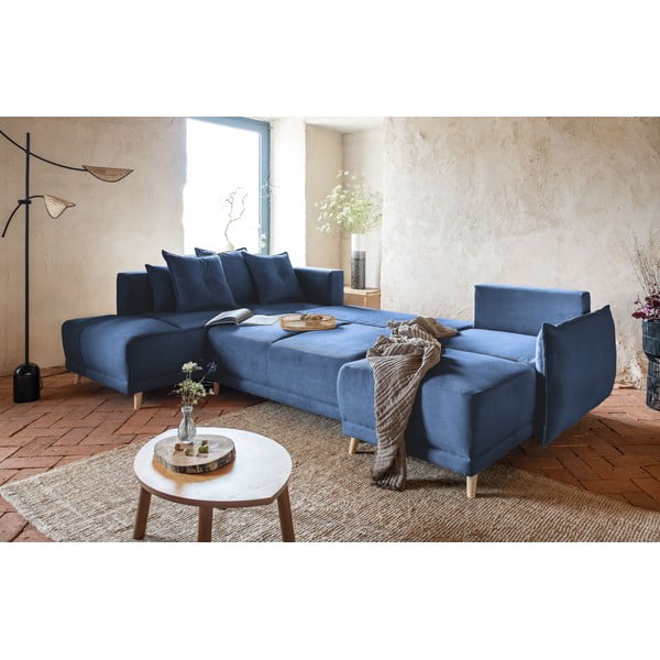 Tmavě modrá manšestrová rozkládací rohová pohovka (levý roh/do "U") Lazy Lukka – Miuform-image-4