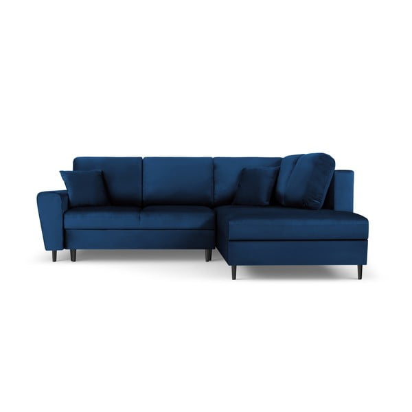 Modrá sametová rozkládací/s úložným prostorem rohová pohovka (pravý roh/do L) Kyoto – Cosmopolitan Design