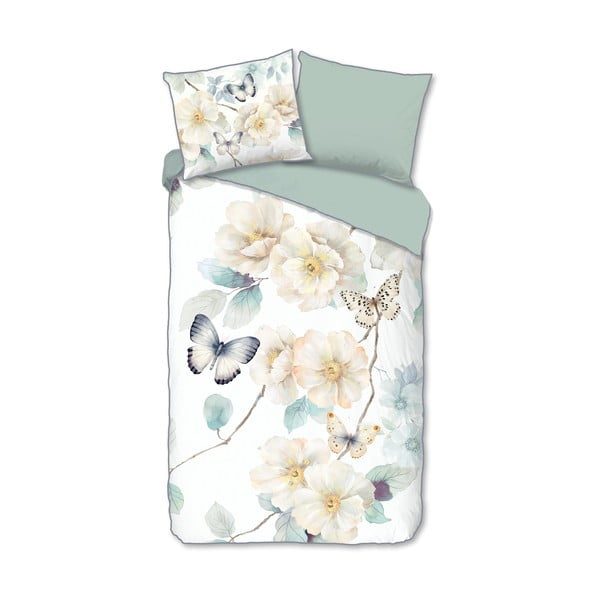 Bílé/zelené povlečení na jednolůžko/prodloužené z bavlněného saténu 140x220 cm Adiwanya – Descanso