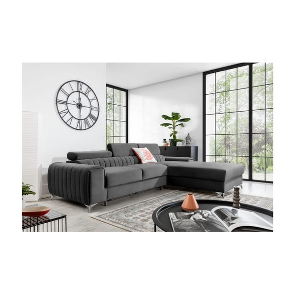 Tmavě šedá sametová rozkládací/s úložným prostorem rohová pohovka (pravý roh/s lenoškou) Grayson – ELTAP-image-1