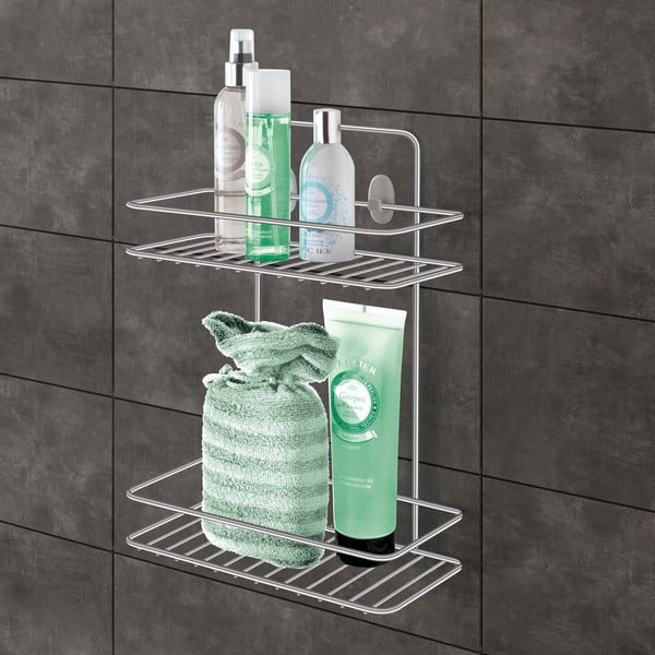 Závěsná ocelová koupelnová polička bez vrtání v leskle stříbrné barvě Luxy – Metaltex-image-1