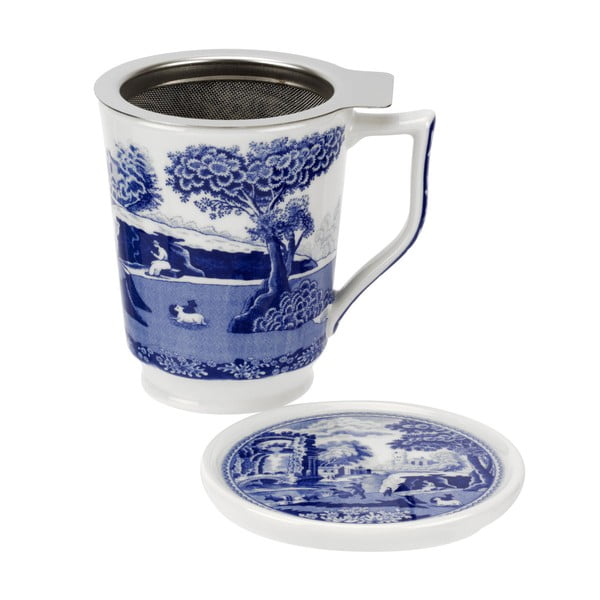 Bílomodrý porcelánový hrneček se sítkem Spode Blue Italian, 350 ml