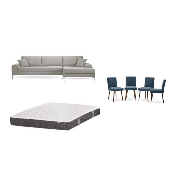 Set světle šedé pohovky s lenoškou vpravo, 4 modrých židlí a matrace 160 x 200 cm Home Essentials