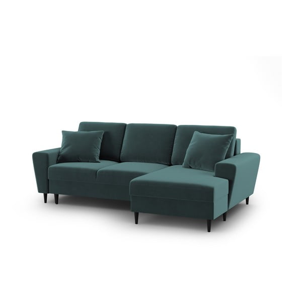 Sametová rozkládací/s úložným prostorem rohová pohovka v petrolejové barvě (pravý roh/s lenoškou) Kyoto – Cosmopolitan Design-image-1