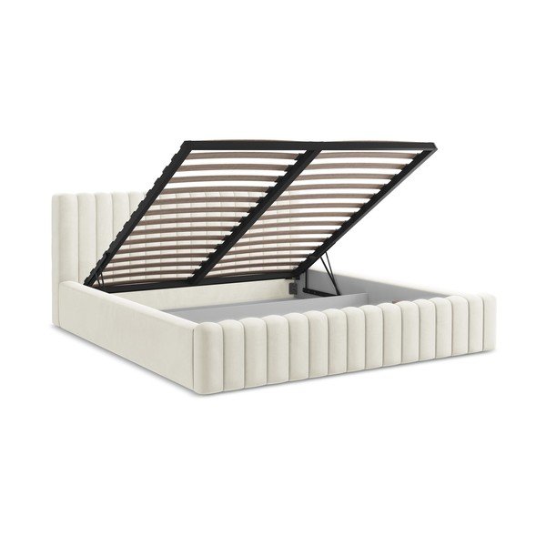 Krémová čalouněná dvoulůžková postel s úložným prostorem s roštem 160x200 cm Lemi – Makamii-image-3