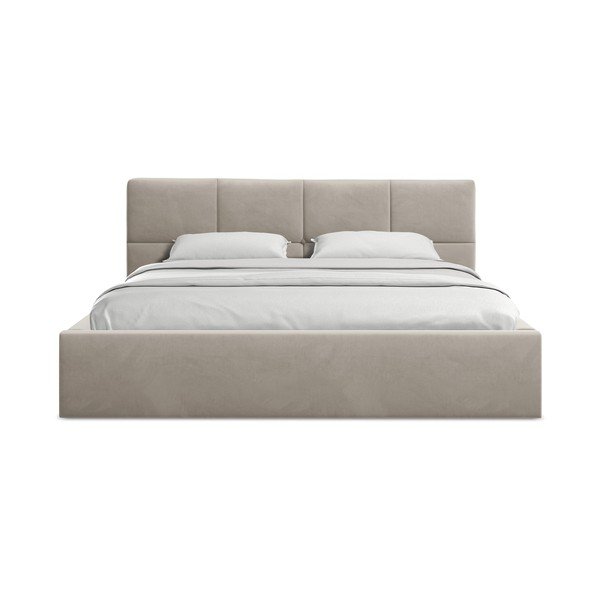 Taupe sametová čalouněná dvoulůžková postel s úložným prostorem s roštem 140x200 cm Hiko – Makamii-image-3