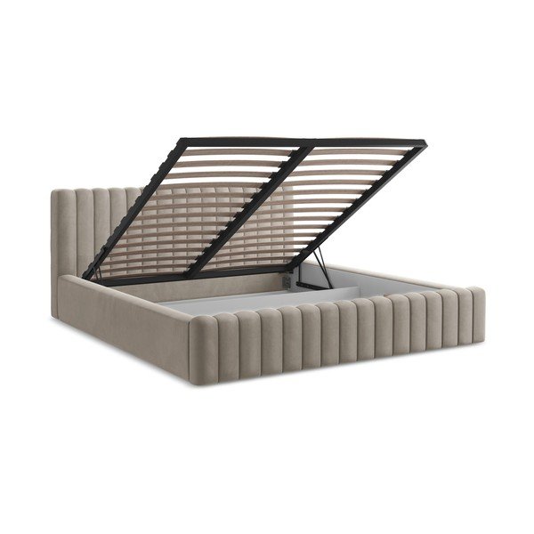 Taupe čalouněná dvoulůžková postel s úložným prostorem s roštem 160x200 cm Lemi – Makamii-image-3
