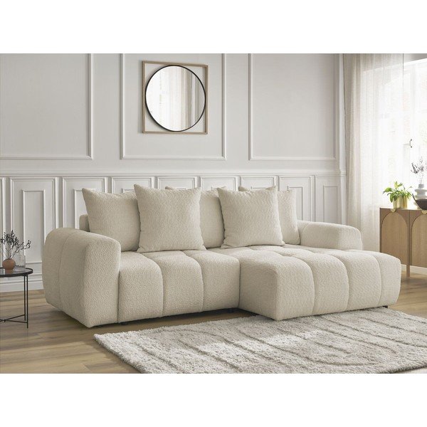 Béžová rozkládací/s úložným prostorem rohová pohovka z textilie bouclé (pravý roh/s lenoškou) Roxelane – Bobochic Paris-image-3