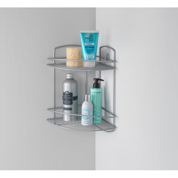 Rohová nástěnná ocelová koupelnová polička ve stříbrné barvě - Metaltex-image-1