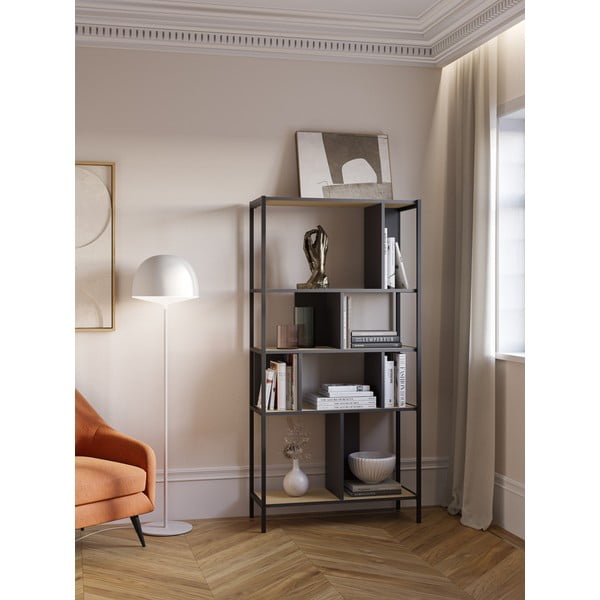 Knihovna v dekoru dubu v černo-přírodní barvě 88x175 cm Alabama – Marckeric-image-1