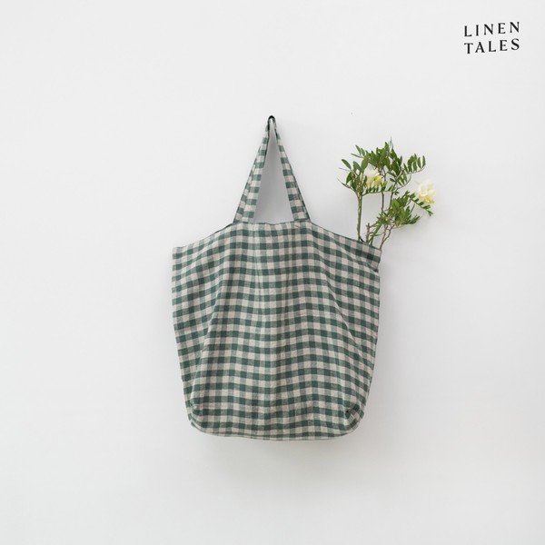Lněná nákupní taška Forest Green Gingham – Linen Tales