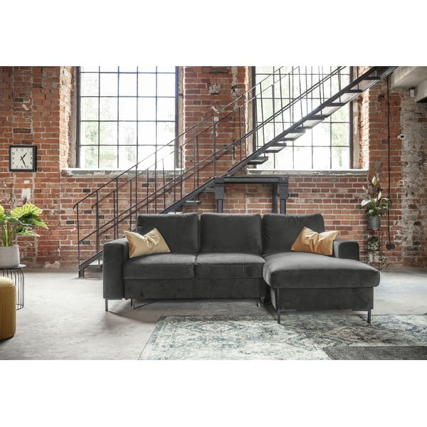 Tmavě šedá sametová rozkládací rohová pohovka Miuform Lofty Lilly, pravý roh-image-1