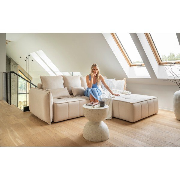 Béžová sametová rozkládací/s úložným prostorem rohová pohovka (levý roh/s lenoškou) Campo – ELTAP-image-1