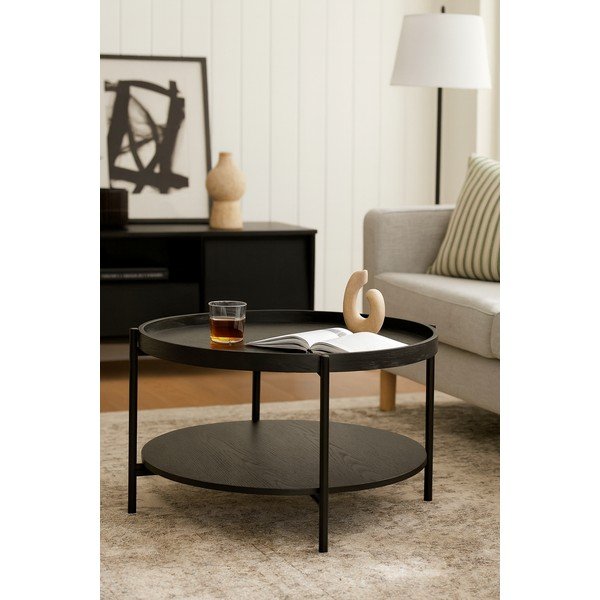 Černý kulatý konferenční stolek v dekoru dubu ø 64 cm Hagen – Bonami Essentials-image-3