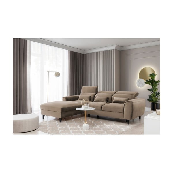 Světle hnědá sametová rozkládací/s úložným prostorem rohová pohovka (levý roh/s lenoškou) Foble – ELTAP-image-3