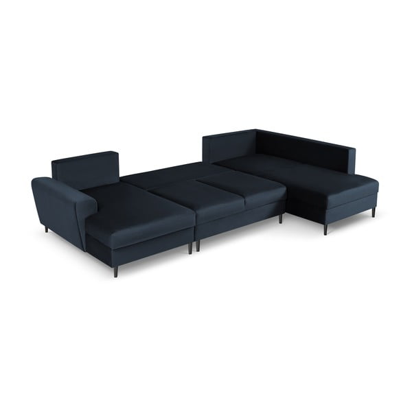 Tmavě modrá sametová rozkládací/s úložným prostorem rohová pohovka (pravý roh/do "U") Kyoto – Cosmopolitan Design-image-2