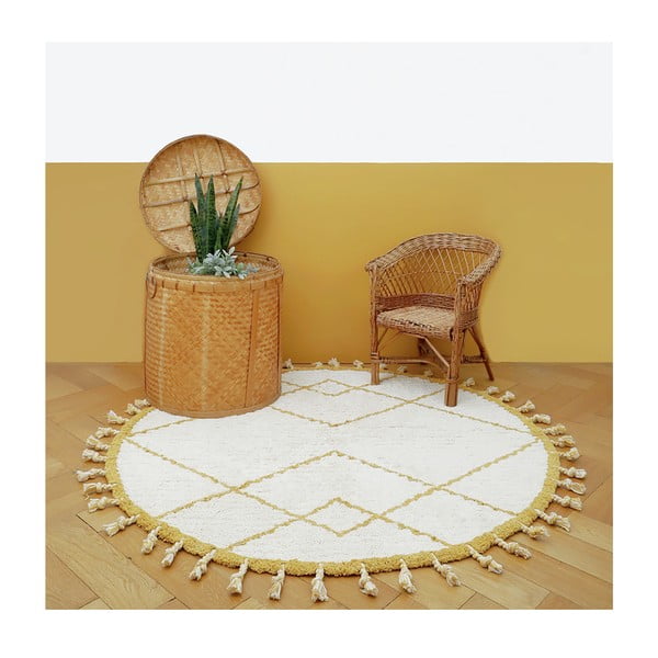 Bílo-žlutý bavlněný ručně vyrobený koberec Nattiot Come, ø 120 cm-image-2