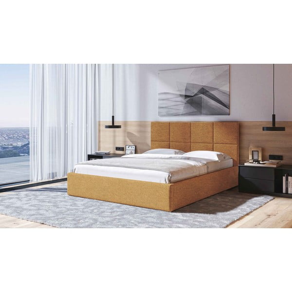 Okrově žlutá čalouněná dvoulůžková postel s úložným prostorem s roštem 180x200 cm Bufo – MESONICA-image-1