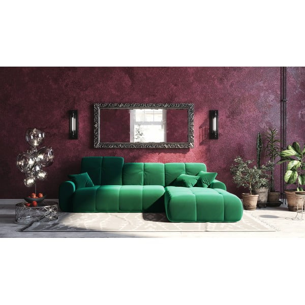 Tmavě zelená sametová rozkládací rohová pohovka Devichy Tous, pravý roh-image-3