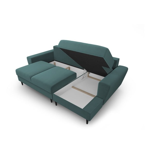 Sametová rozkládací/s úložným prostorem rohová pohovka v petrolejové barvě (pravý roh/s lenoškou) Kyoto – Cosmopolitan Design-image-3