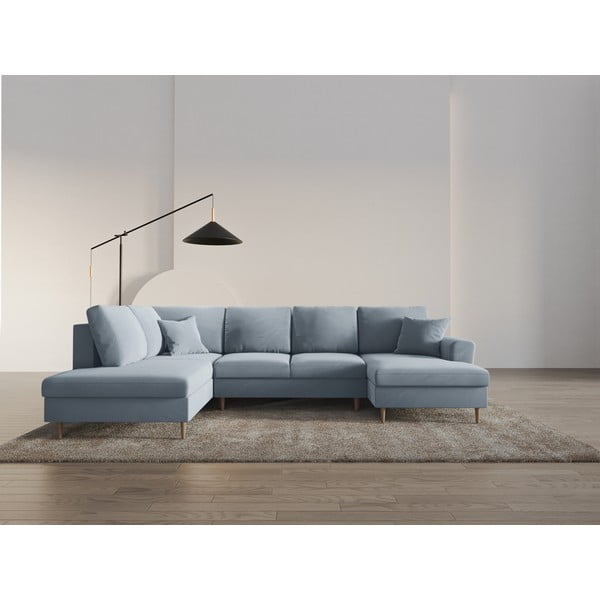 Světle modrá sametová rozkládací/s úložným prostorem rohová pohovka (levý roh/do "U") Kyoto – Cosmopolitan Design-image-2