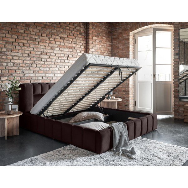 Tmavě hnědá čalouněná dvoulůžková postel s úložným prostorem s roštem 180x200 cm Lamica – ELTAP-image-4