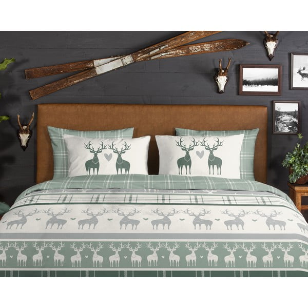 Zeleno-krémové prodloužené flanelové povlečení na dvoulůžko 200x220 cm Bjirk – Good Morning-image-2