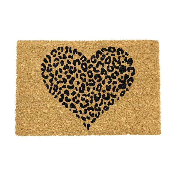 Černá rohožka z přírodního kokosového vlákna Artsy Doormats Leopard Heart, 40 x 60 cm