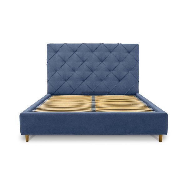 Modrá čalouněná dvoulůžková postel s úložným prostorem a roštem 160x200 cm Bee – Scandic-image-3