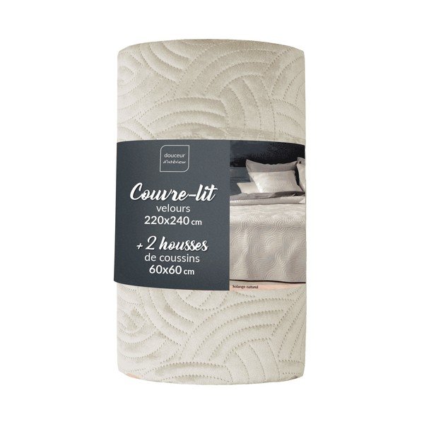 Krémový sametový set přehozu a povlaku na polštář 220x240 cm Solange – douceur d'intérieur