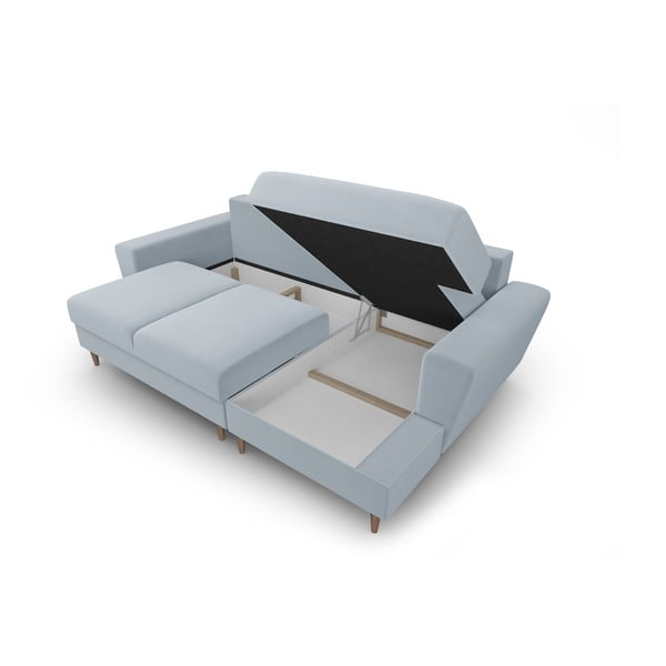 Světle modrá sametová rozkládací/s úložným prostorem rohová pohovka (pravý roh/s lenoškou) Kyoto – Cosmopolitan Design-image-3