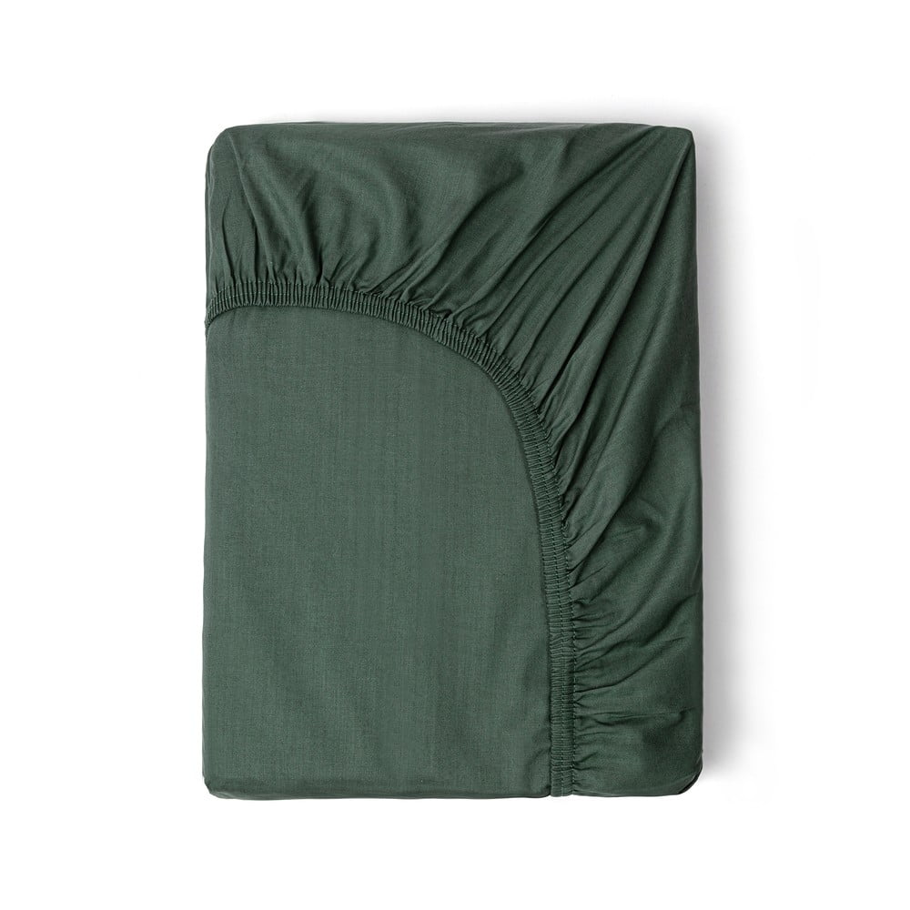 Tmavě zelené elastické prostěradlo z bavlněného saténu HIP, 140 x 200 cm