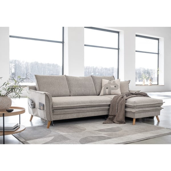 Šedobéžová rozkládací/s úložným prostorem rohová pohovka (pravý roh/s lenoškou) Charming Charlie – Miuform-image-3