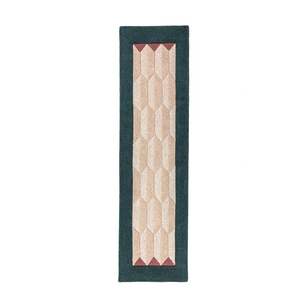 Ručně tkaný vlněný běhoun v přírodní barvě/zelenomodrý 60x230 cm Apex Border Wool – Flair Rugs