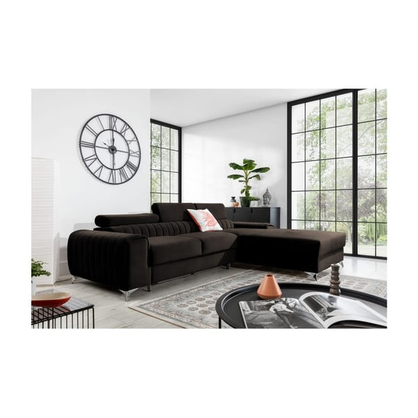 Tmavě hnědá sametová rozkládací/s úložným prostorem rohová pohovka (pravý roh/s lenoškou) Grayson – ELTAP-image-1