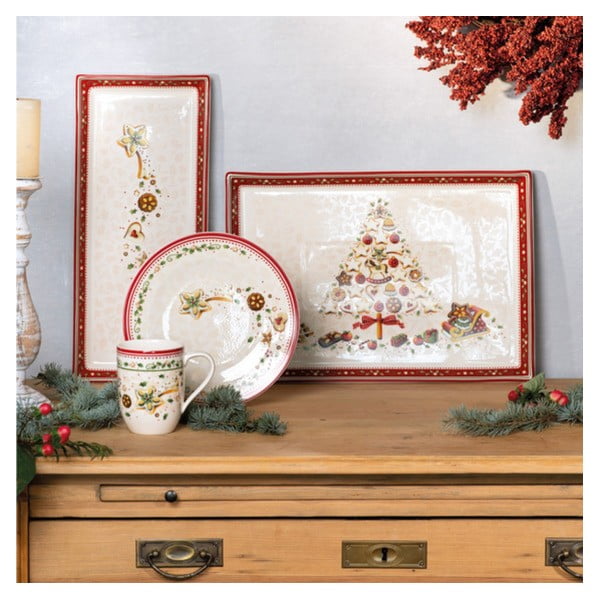 Červeno-béžový porcelánový servírovací talíř s vánočním motivem Villeroy & Boch, 39,7 x 17,3 cm
