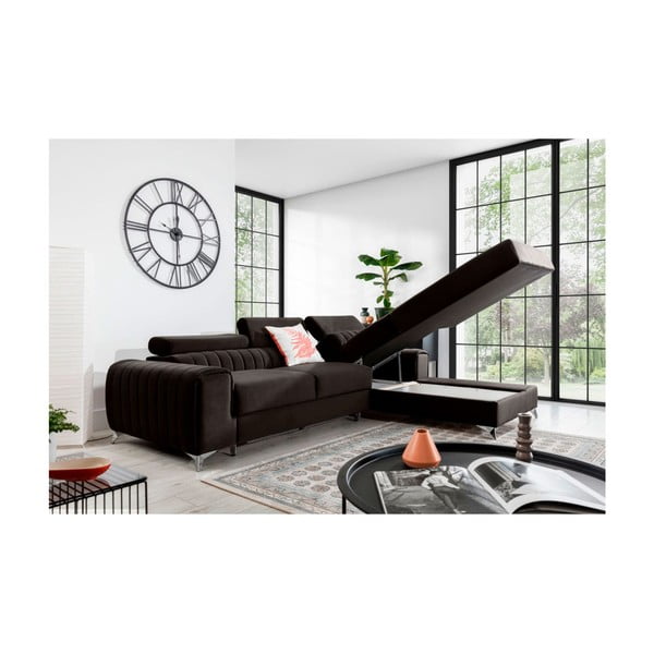 Tmavě hnědá sametová rozkládací/s úložným prostorem rohová pohovka (pravý roh/s lenoškou) Grayson – ELTAP-image-3