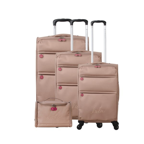 Set 3 béžových zavazadel na 4 kolečkách a kosmetického kufříku Lulucastagnette Bella