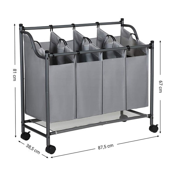 Šedý koš s kolečky a 4 segmenty na prádlo Songmics-image-2