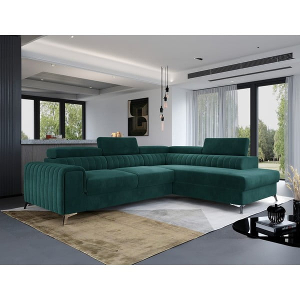Zelená sametová rozkládací/s úložným prostorem rohová pohovka (pravý roh/do L) Laurence – ELTAP-image-1
