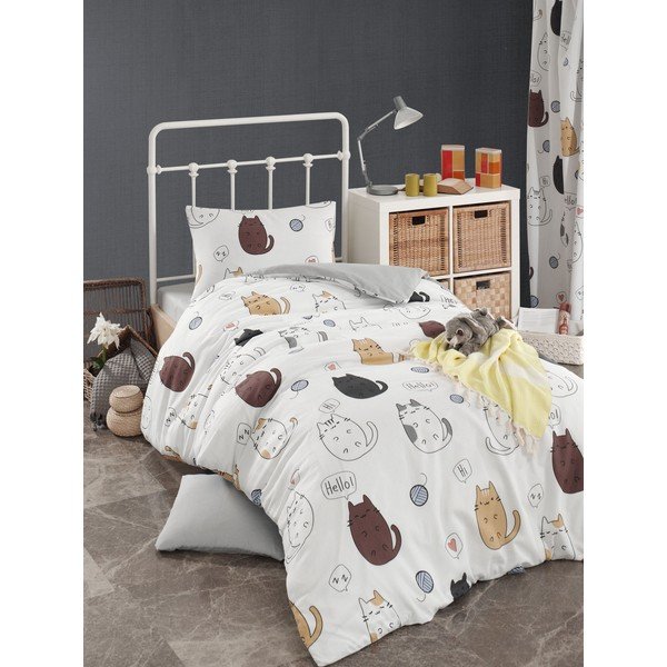 Povlečení s prostěradlem na jednolůžko Eponj Home Hello Cats White, 160 x 220 cm