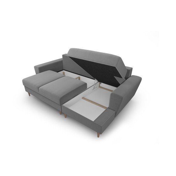 Světle šedá sametová rozkládací/s úložným prostorem rohová pohovka (pravý roh/s lenoškou) Kyoto – Cosmopolitan Design-image-3