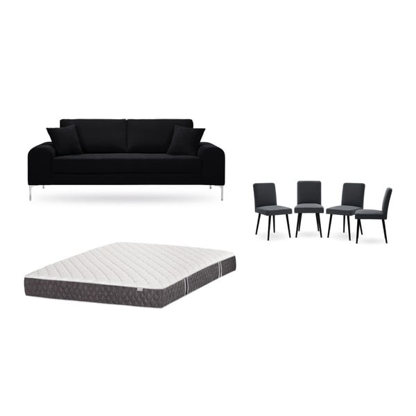 Set třímístné černé pohovky, 4 antracitově šedých židlí a matrace 160 x 200 cm Home Essentials